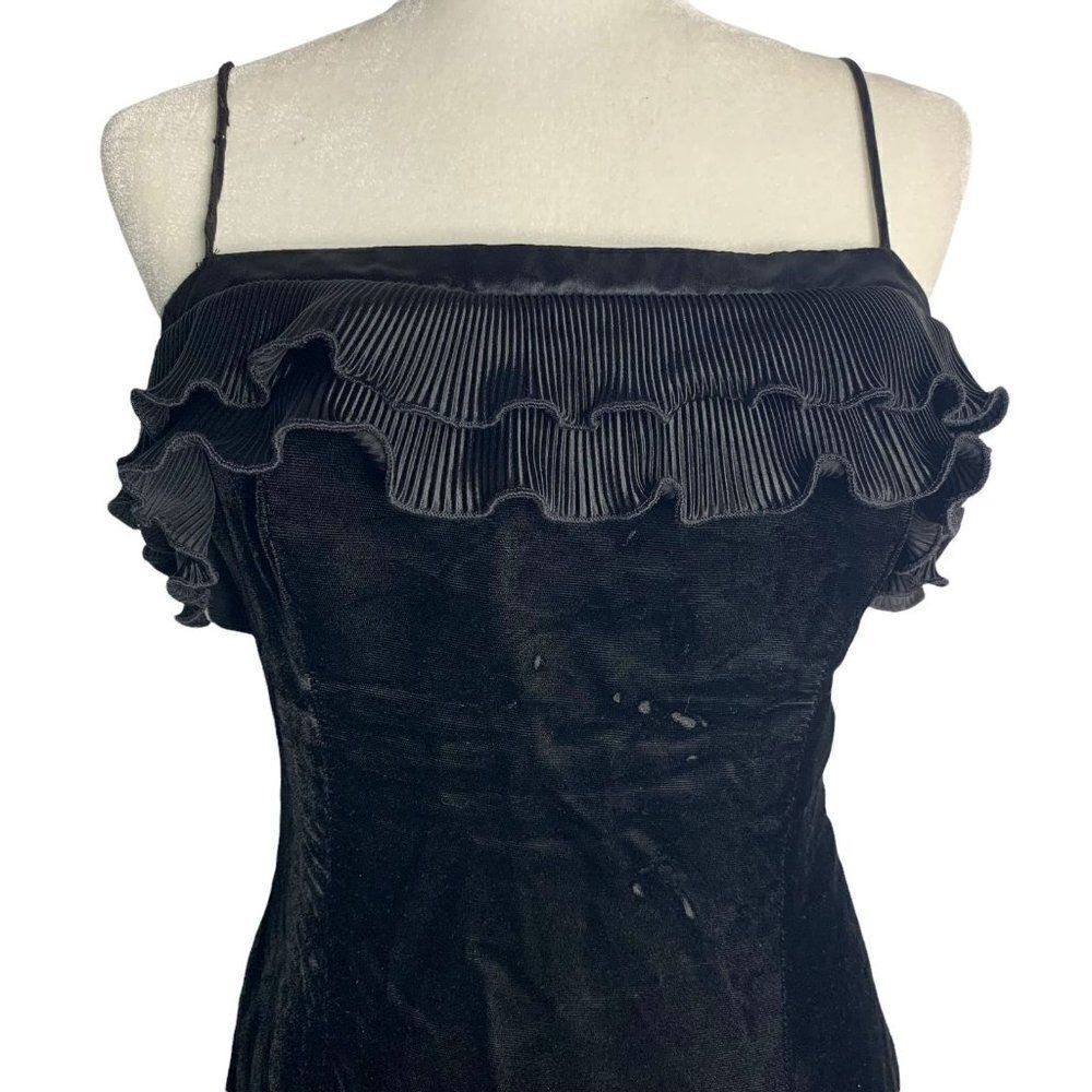 Vintage 80s Gunne Sax Velvet Sheath Dress S Black Ruffle Spaghetti Straps